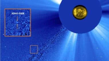 A sungrazer comet was discovered making its final approach to the sun during the total solar eclipse on April 8. It was destroyed by the close encounter hours later. (Image credit ESANASASOHOUSNRLLASCO C3)