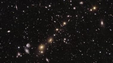 The area is zoomed in 36 times compared to the large mosaic. In this image, the core of galaxy cluster Abell 3381 is visible, 67