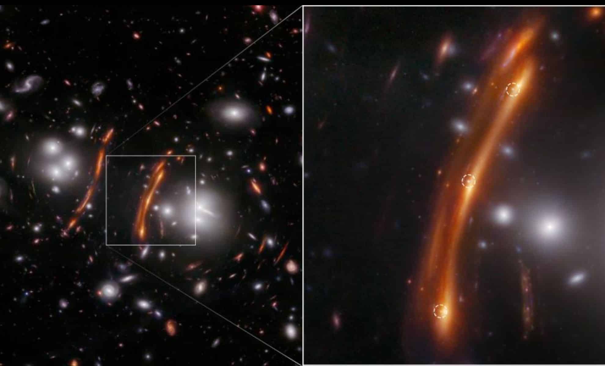 NASA’s James Webb Space Telescope’s NIRCam (Near-Infrared Camera) image of the galaxy cluster PLCK G165.7+67.0, also known as G165, on the left shows the magnifying effect a foreground cluster can have on the distant universe beyond. The foreground cluster is 3.6 billion light-years away from Earth. The zoomed region on the right shows supernova H0pe triply imaged (labeled with white dashed circles) due to gravitational lensing. In this image blue represents light at 0.9, 1.15, and 1.5 microns (F090W + F115W + F150W), green is 2.0 and 2.77 microns (F200W + F277W), and red is 3.56, 4.1, and 4.44 microns (F356W + F410M + F444W). Credit: NASA, ESA, CSA, STScI, B. Frye (University of Arizona), R. Windhorst (Arizona State University), S. Cohen (Arizona State University), J. D’Silva (University of Western Australia, Perth), A. Koekemoer (Space Telescope Science Institute), J. Summers (Arizona State University).