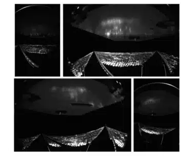 Four cameras aboard the Advanced Composite Solar Sail System spacecraft show the four reflective sail quadrants supported by composite booms. The in the boom pictured in the left corner of the bottom left image has a slight bend. Credit: NASA