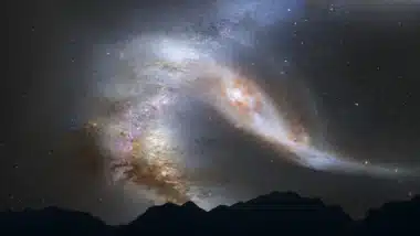 In A Hypothetical View From Earth, The Warped Milky Way And Andromeda (on Right) After Their Initial Collision. Credit Nasa