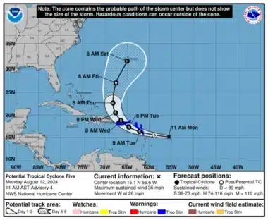Potential Tropical Cyclone Five Cone Of Uncertainty As Of 2 P.m. Monday, Aug. 12, 2024. (nhc)